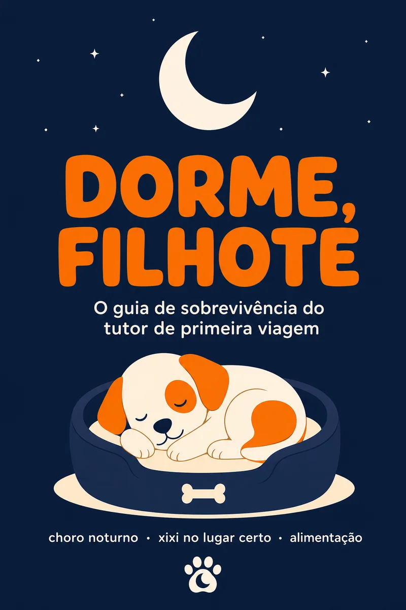Capa do guia Dorme, Filhote: um filhote dormindo na caminha sob a lua